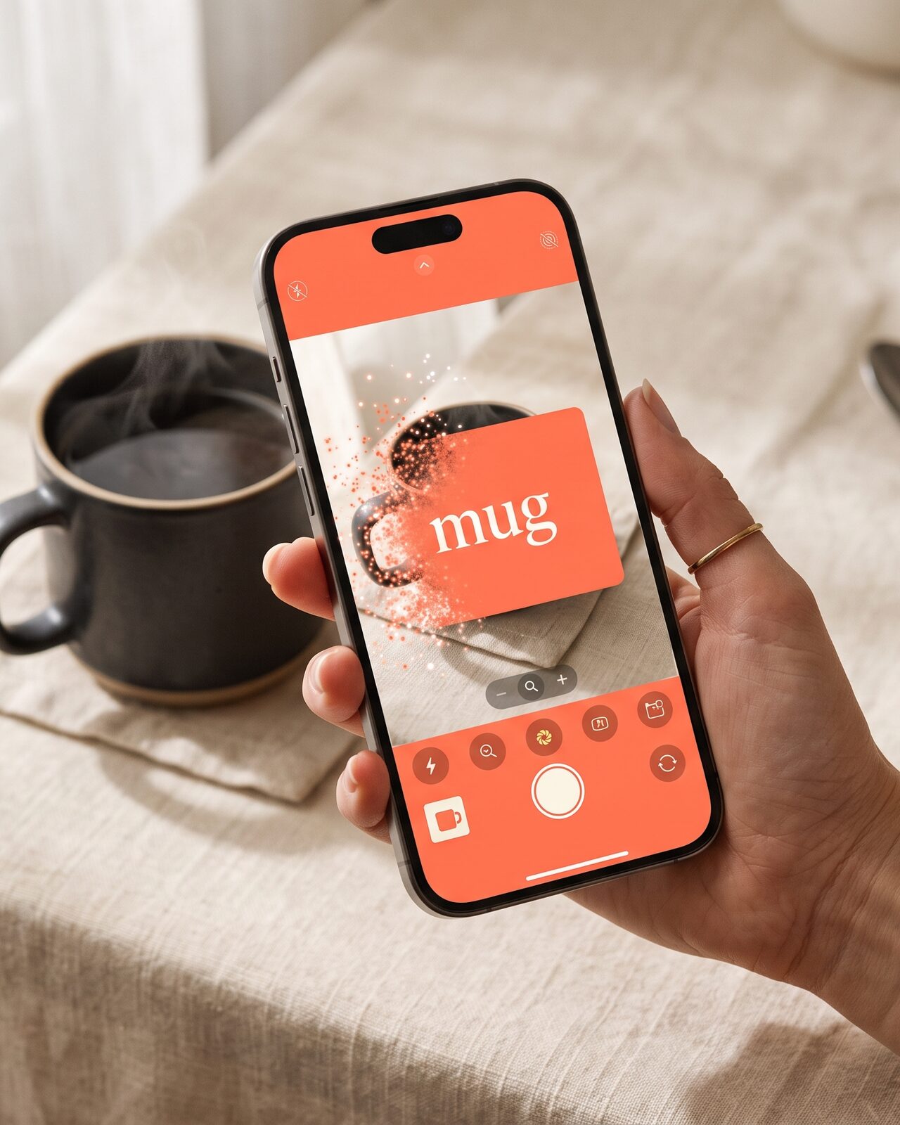 iPhone in hand showing Wordie revealing a flashcard from a photo of a coffee mug